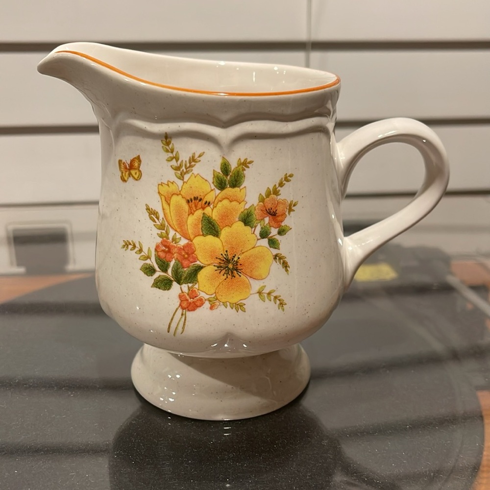 VTG Sangostone Creamer Pitcher Stoneware 2311 Floral with butterfly